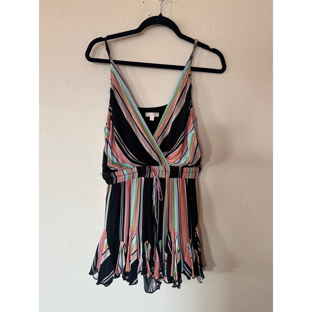 Luxxel Multi-Color Striped Ruffle Hem Romper Black Surplice V-Neck Small